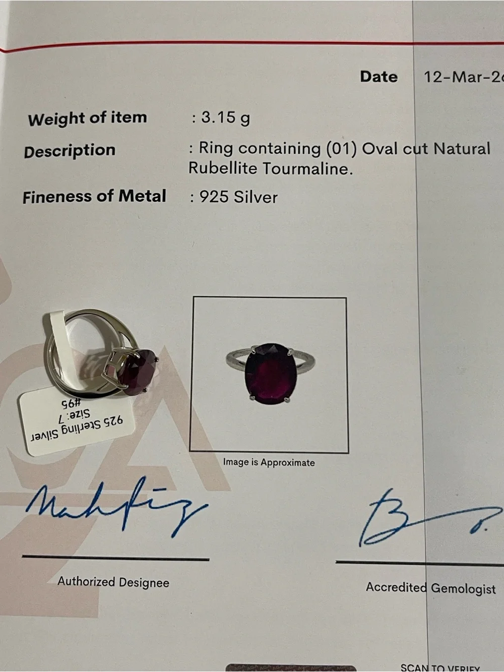 Natural Rubellite Tourmaline Gemstone Ring 925 Silver Size 7 AGA Certified